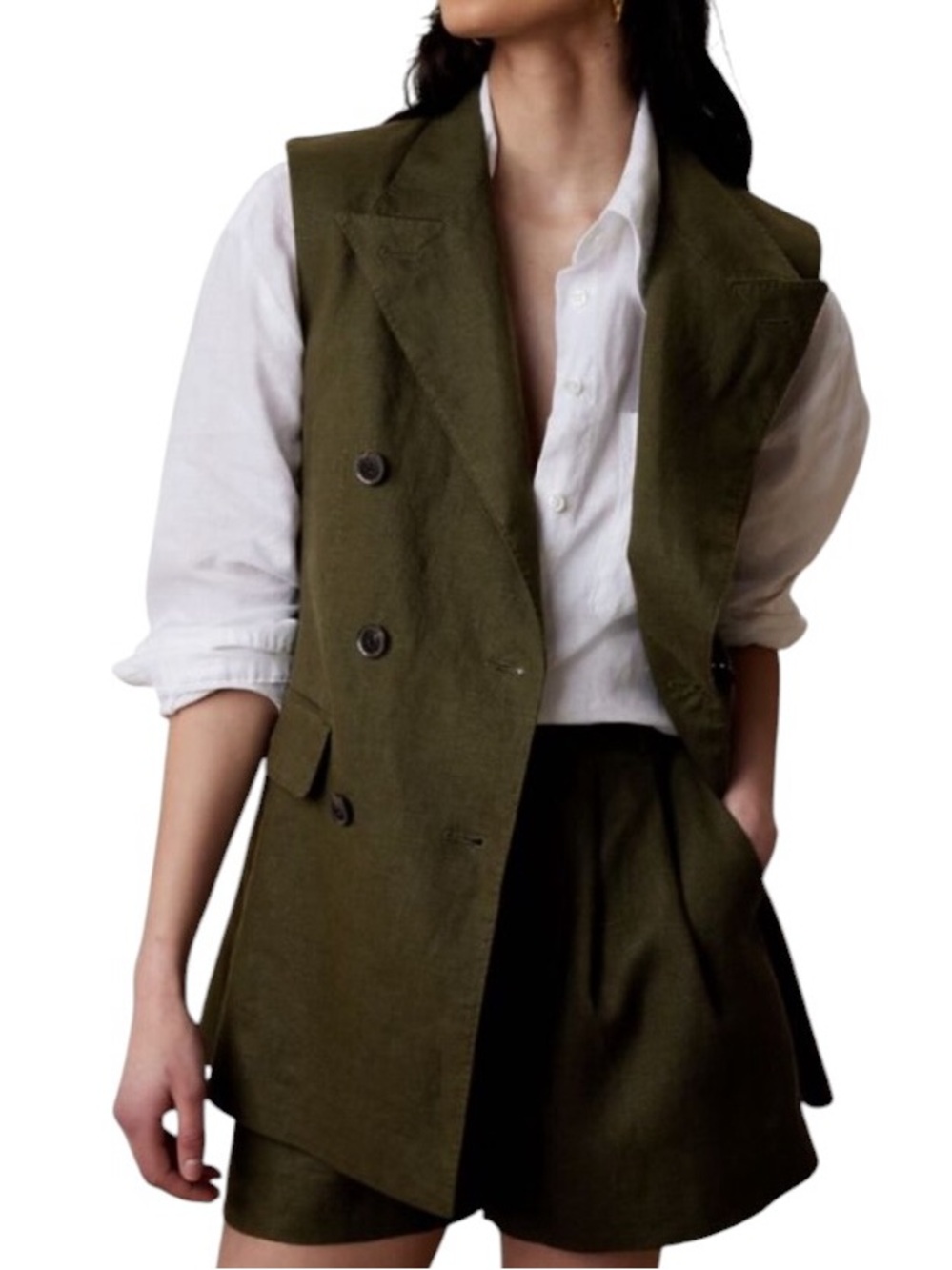 Banana Republic Palma Linen Vest Camo Green NWT Size 00 Petite - Picture 7 of 7